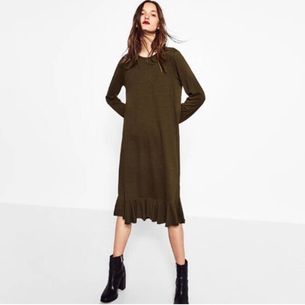 ZARA | Dress Olive Green  Ruffle Hem Midi
